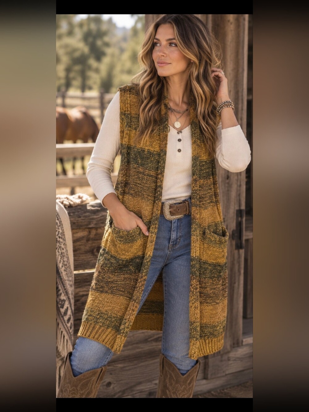 Easel Los Angeles Striped Longline Knit Vest Small Boho Western Earthy Outdoorsy